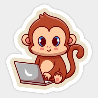 Cute Monkey Working On Laptop Cartoon Sticker